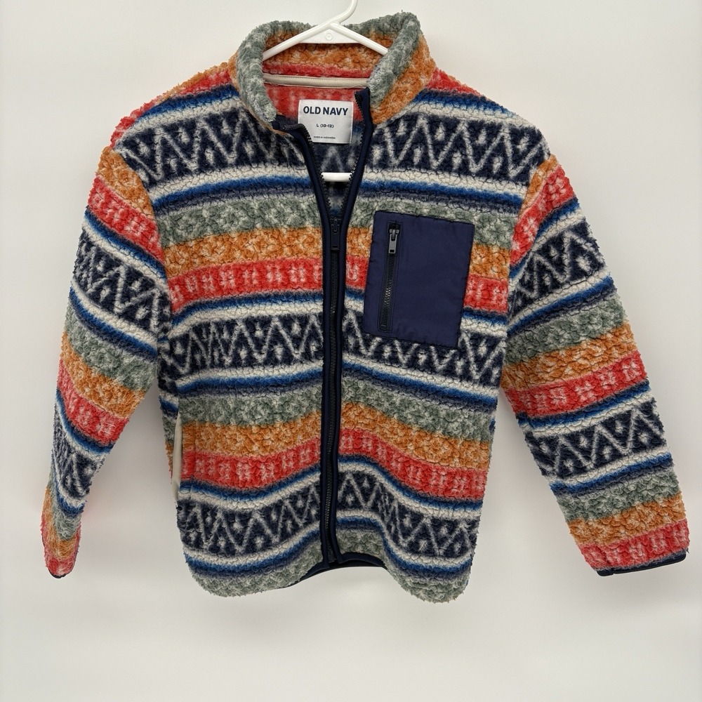 Old Navy Aztec Print Fuzzy Fleece Jacket Geometric Pattern Kids Large 10-12